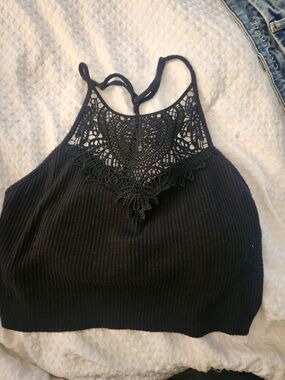 SO Black Crochet Halter Ribbed Crop Top